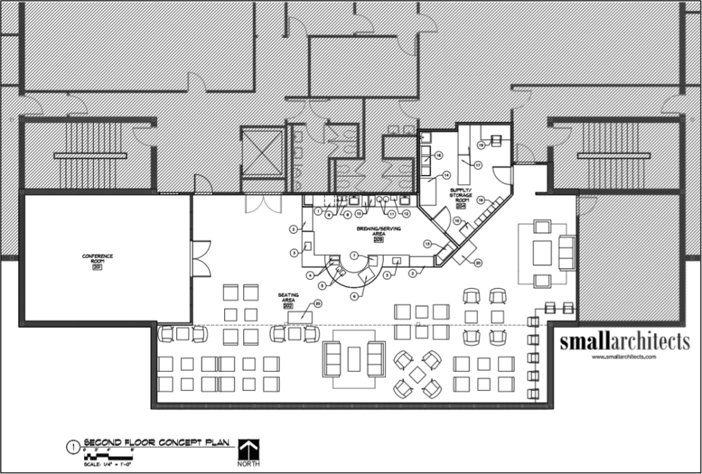The building plan will renovate approximately 3,500 square feet of existing space in the former Executive Offices on the second floor of the Mabee Leanring Center. Conceptual plan by Small Architects.
