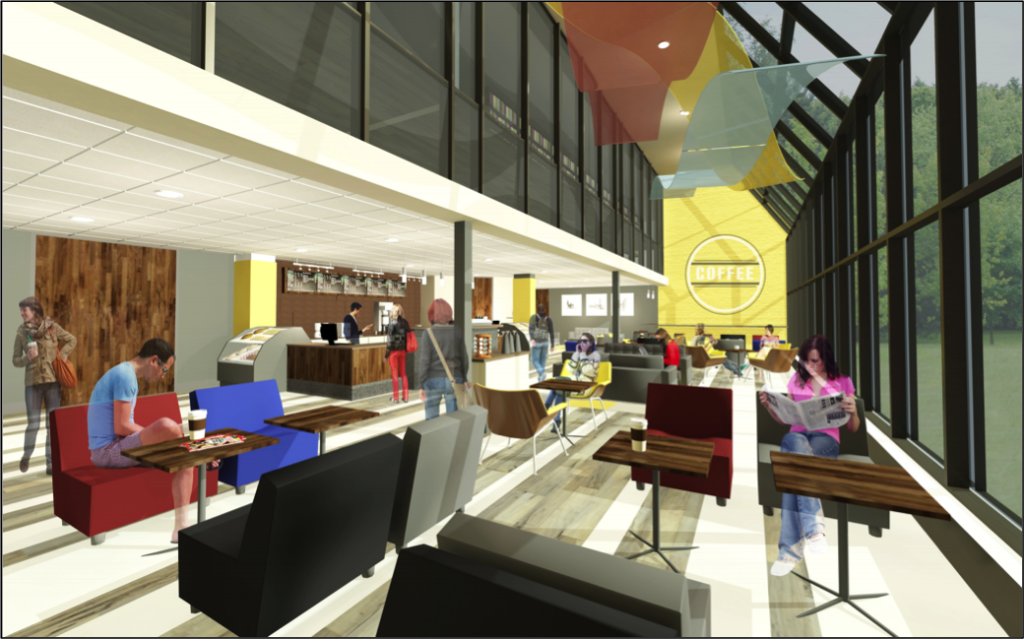 The space will include a barista counter, a casual, living-room-style seating area, a space for open mic events and a private study room. Conceptual rendering by Small Architects.